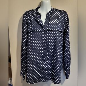 Calvin Klein Navy and White Polka Dot Blouse, Size XS